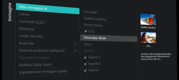 Filmmaker mode nei menu di Android11 personalizzati philips