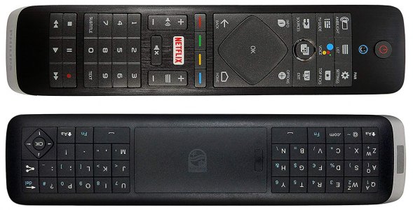 il telecomando fornito ha due lati, nel retro è presente una tastiera completa per digitare testi in comodità